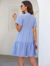 Notched Neck Button Front Ruffle Hem Smock Dress